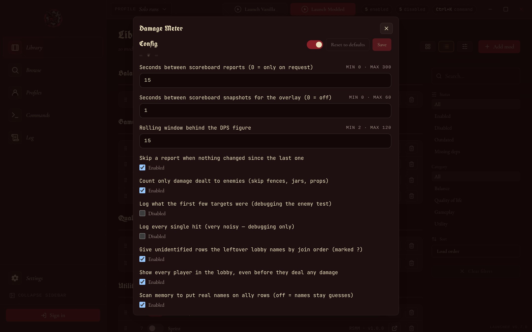 The settings dialog of the Damage Meter mod