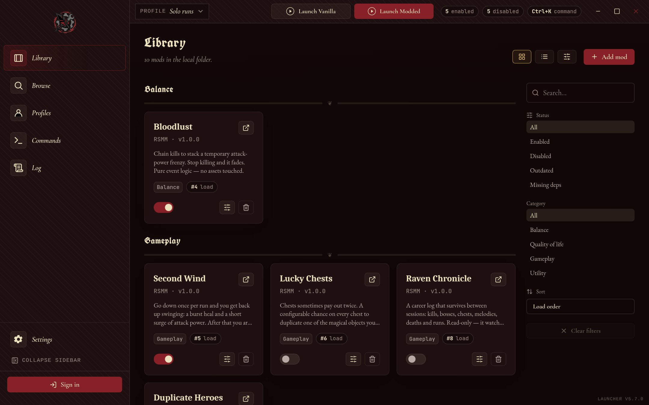 The RSMM library: installed mods grouped by category, each with an on/off switch and settings