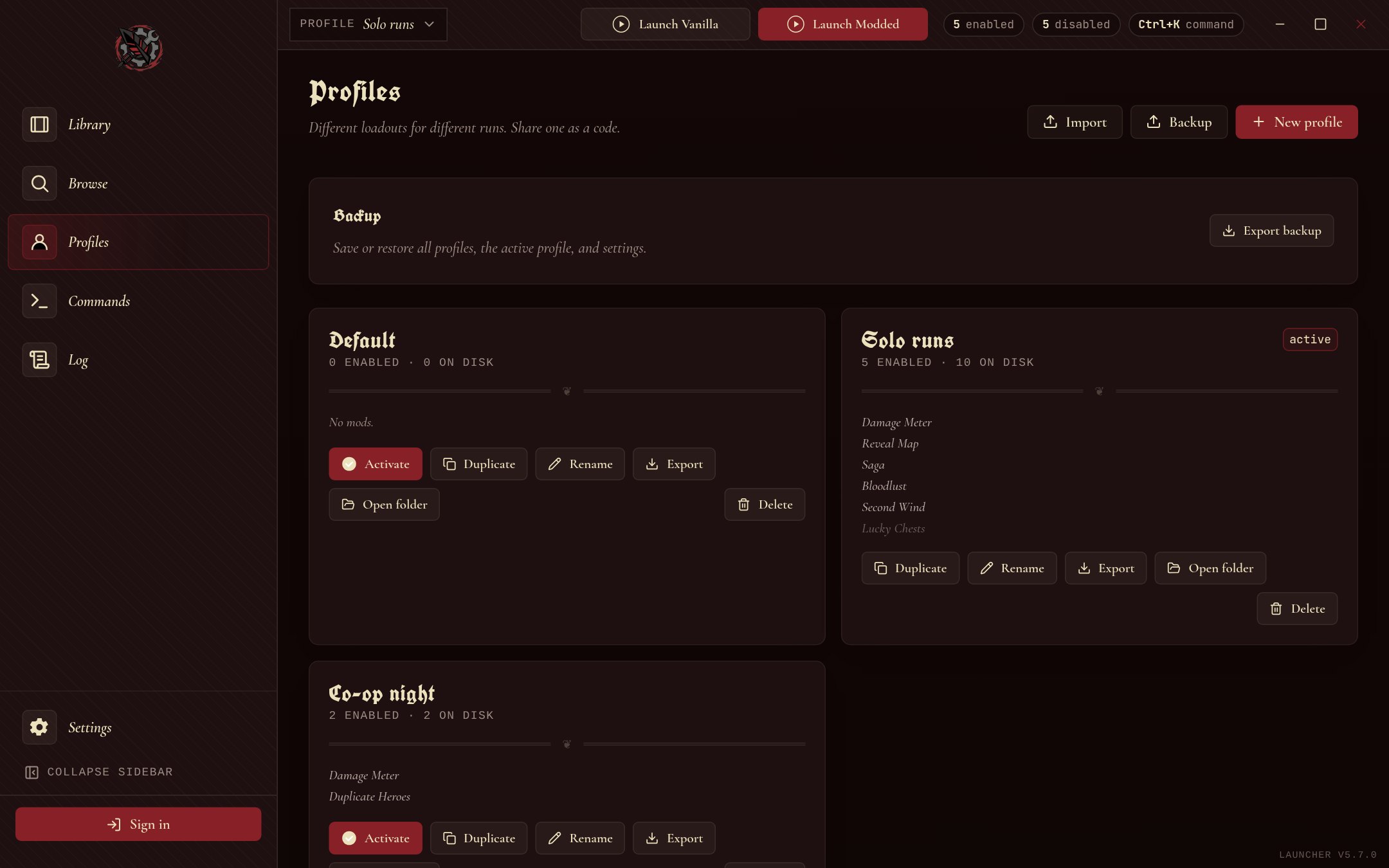 The profiles screen with three saved setups